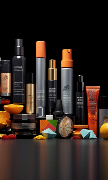 Range of beauty products arranged on a black surface