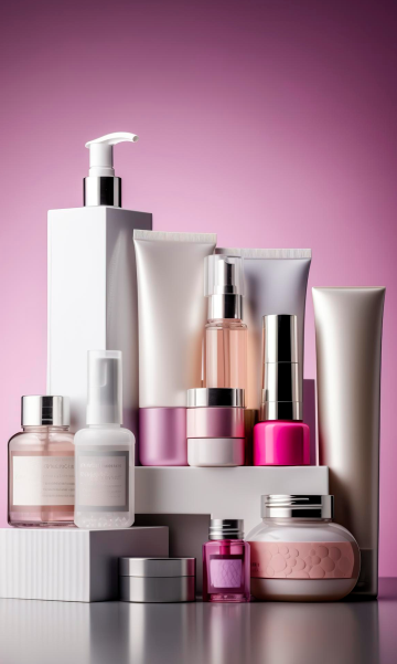 Beauty Cosmetic products on pink backdrop