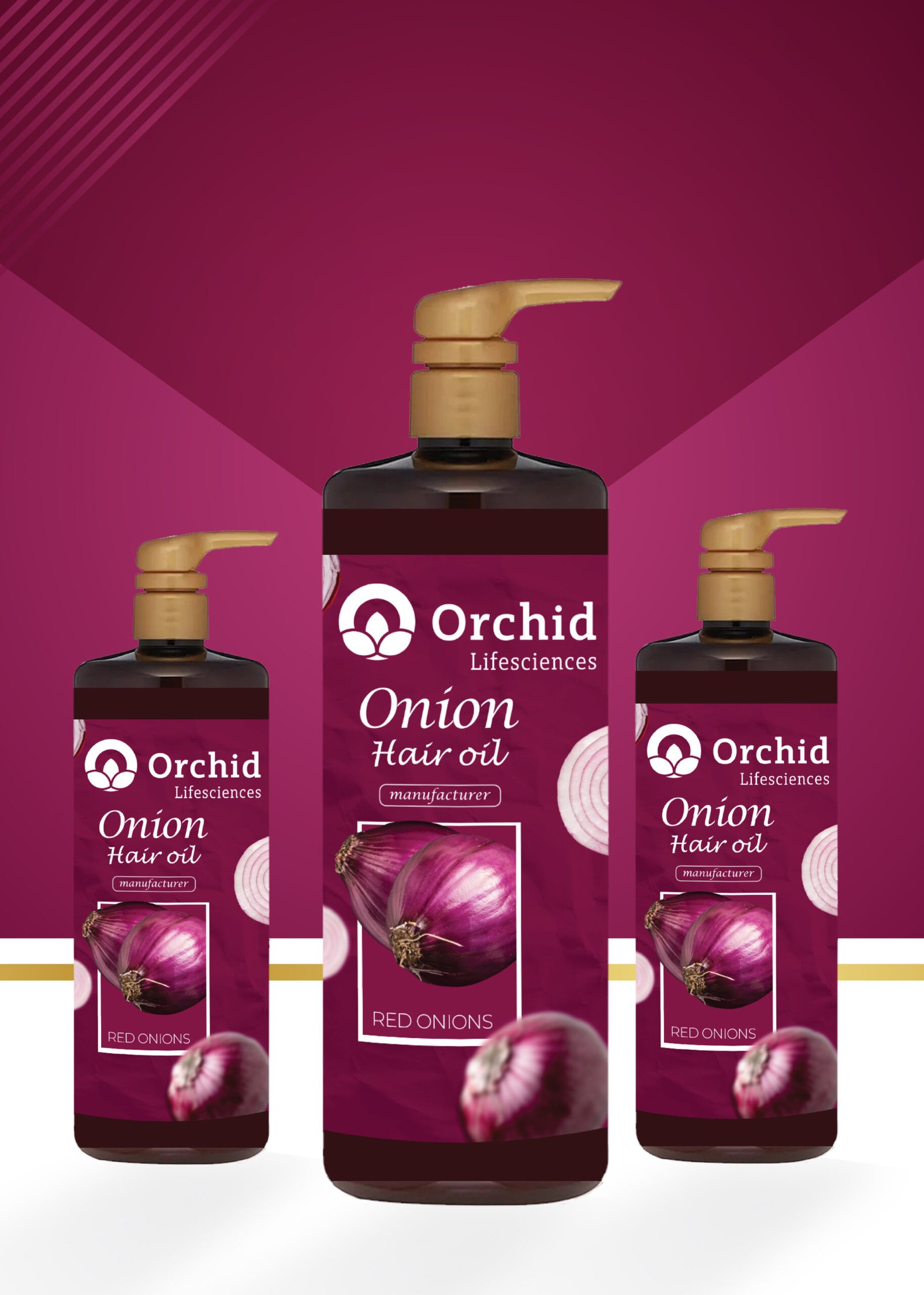 Three elegant bottles of orchid Lifesciences hair oil displayed against a vibrant purple background, showcasing their luxurious design.