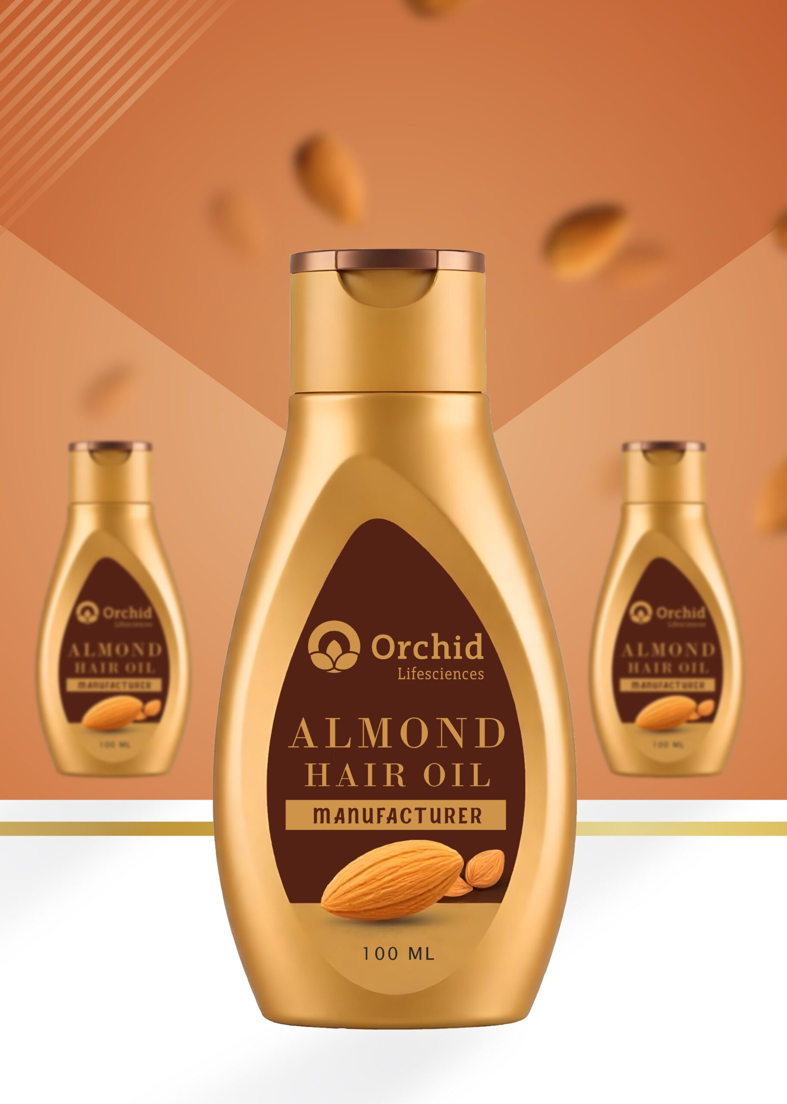 This image appears to be a product mockup for "Orchid Lifesciences Almond Hair Oil," featuring a gold and brown design with an almond graphic and text indicating it's a 100 ml bottle. Let me know if you’d like help editing, analyzing, or redesigning this mockup!