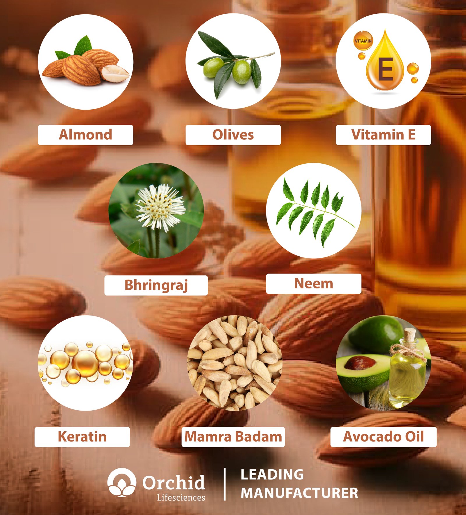 The image highlights the key ingredients of a product by Orchid Lifesciences, a leading manufacturer. It features natural elements like almond, olives, Bhringraj, neem, Mamra Badam, and avocado oil, along with Vitamin E and keratin, which are known for their nourishing and strengthening properties. The background showcases almonds and oil, emphasizing a focus on natural and health-oriented components.