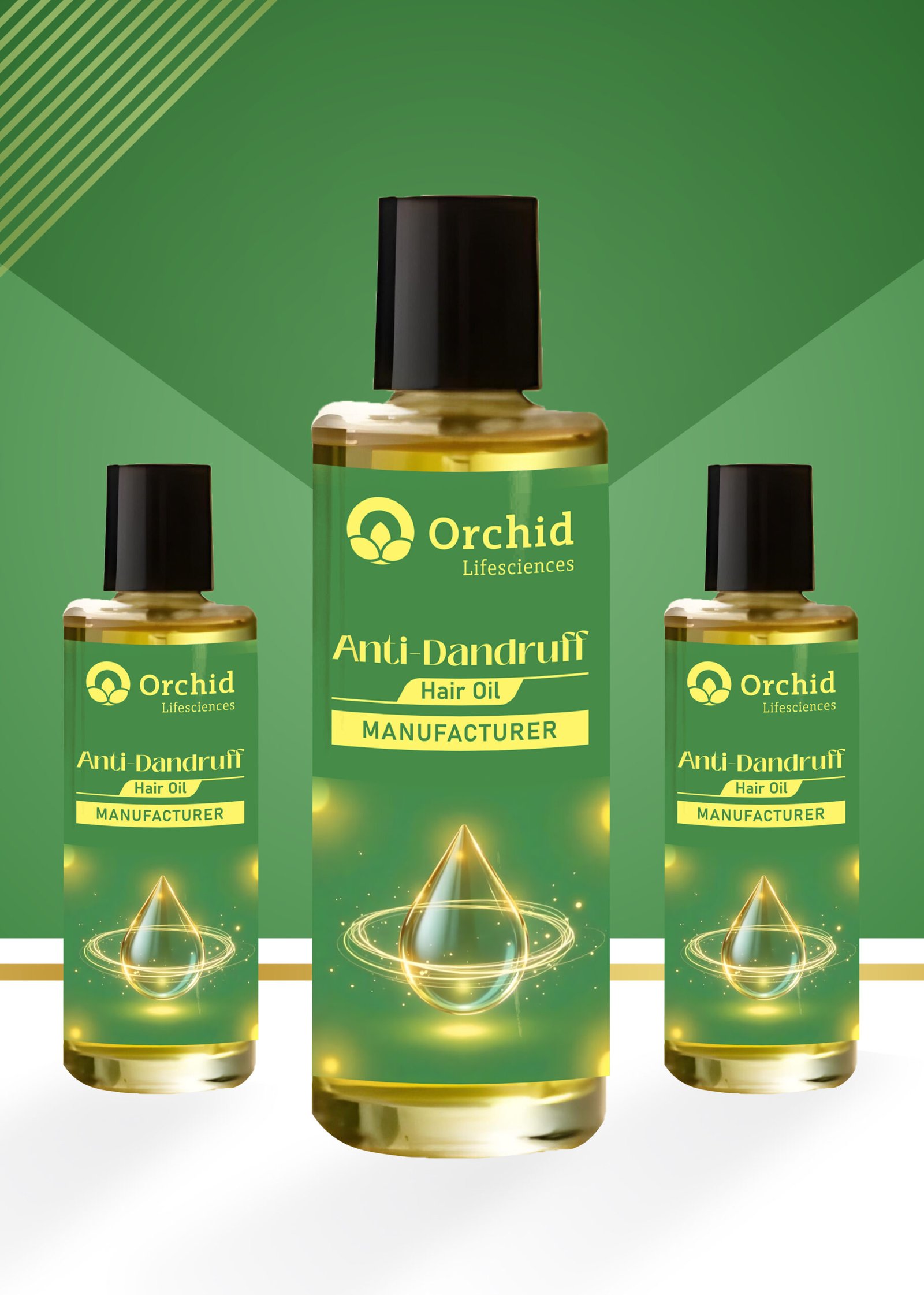 The image displays a product mockup for Orchid Lifesciences' Anti-Dandruff Hair Oil. It features three bottles of the oil, with the central bottle appearing larger to emphasize the product. The label showcases the company’s logo, product name, and the word “Manufacturer” in yellow text on a green background, along with a glowing golden oil droplet surrounded by an orbit-like design. The backdrop is green with subtle diagonal stripes and geometric patterns, creating a modern and natural aesthetic. The overall design highlights the product's quality and effectiveness.