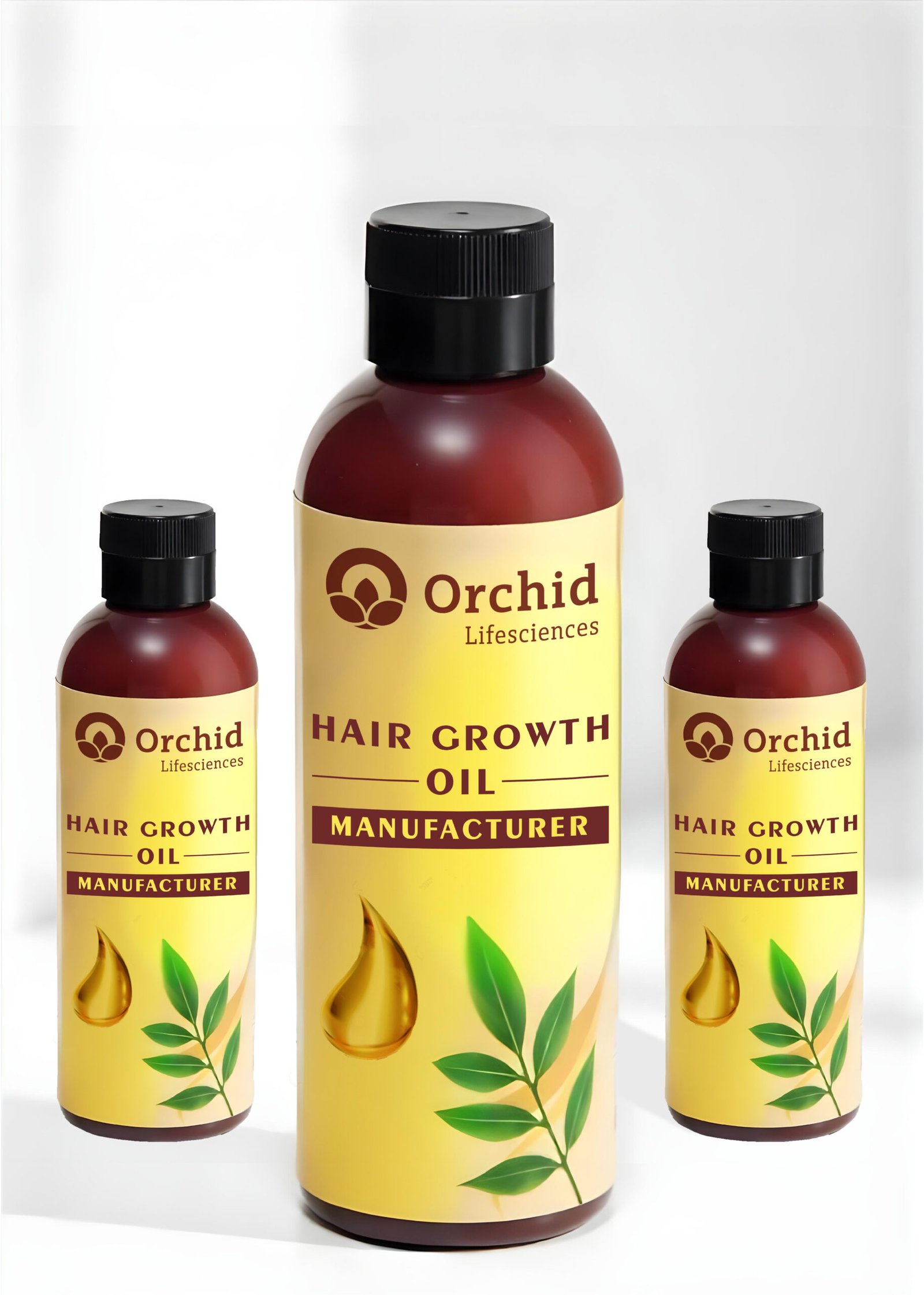 This image showcases a product mockup of three bottles labeled "Orchid Lifesciences Hair Growth Oil Manufacturer." The design emphasizes a natural and nourishing theme, featuring a brown bottle with a yellow label that includes a green leaf graphic and a golden oil drop. The bottles are arranged against a plain white background, highlighting their details. Let me know if you need any specific edits or additional details!