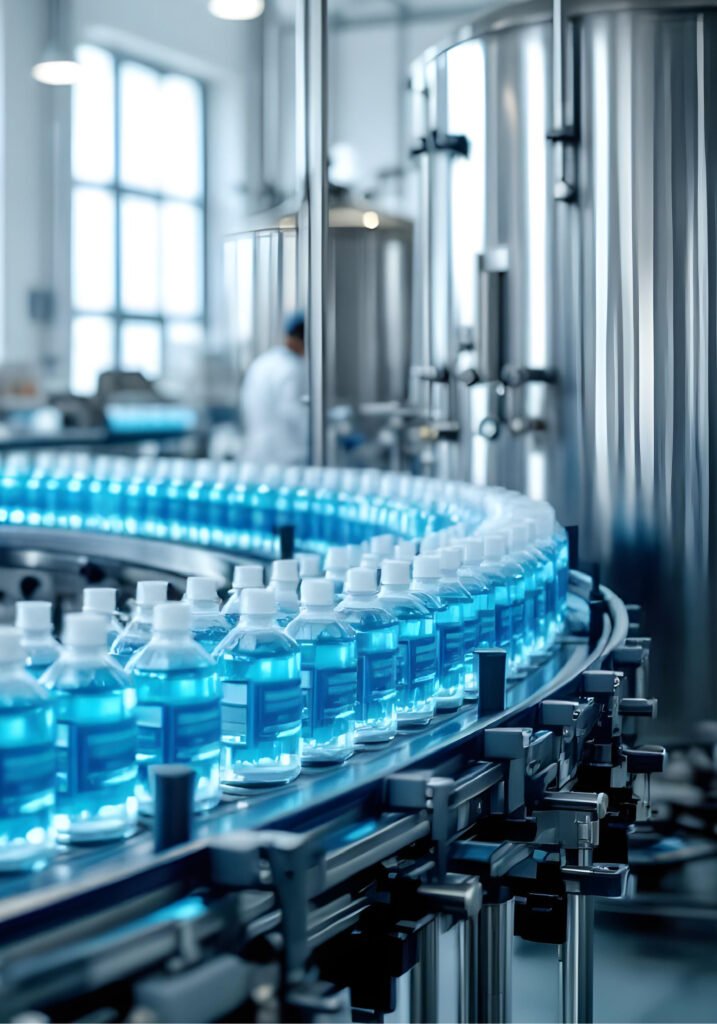 Conveyor belt in a factory with rows of Mouthwash bottles.