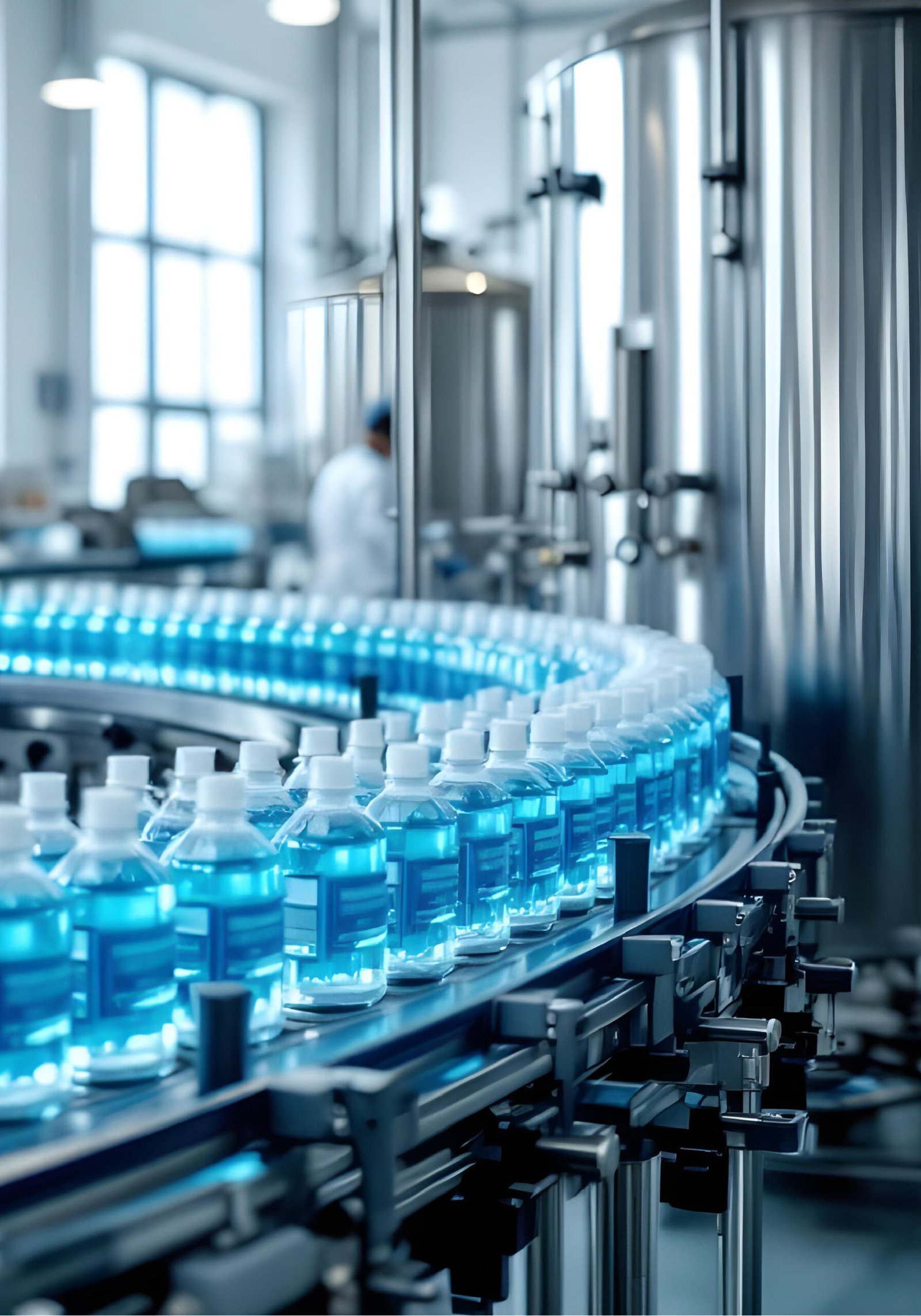 Conveyor belt in a factory with rows of Mouthwash bottles.