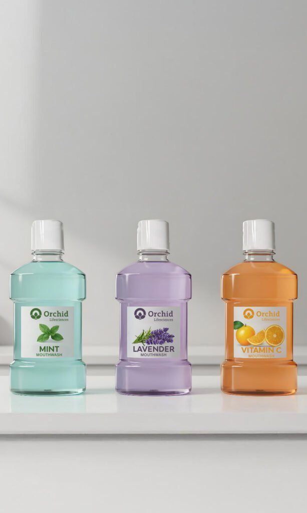 Three bottles of Orchid Lifesciences mouthwash in mint, lavender, and vitamin C varieties on a shelf.